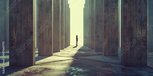 Vanishing Virtues of America: A lone figure standing before a row of empty pedestals, representing lost values and ideals. photo