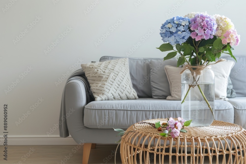Modern living room interior with gray sofa, wicker coffee table and pastel flowers in vase Modern living room interior with gray sofa, wicker coffee table and pastel flowers in vase