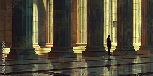 Vanishing Virtues of America: A lone figure standing before a row of empty pedestals, representing lost values and ideals. photo
