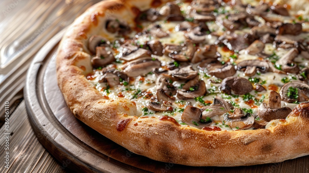 Stock photo of rustic mushroom pizza on wooden table Stock photo of rustic mushroom pizza on wooden table