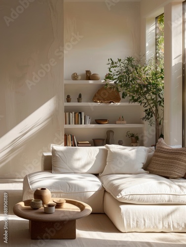 Serene Living Room with White Sofa, Minimalist Bookshelf, and Green Plants Refreshing the Space.