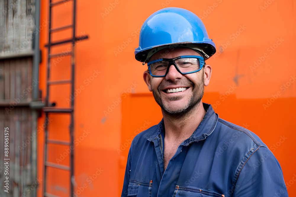 Positive confident adult male workman in blue protective hardhat and eyeglasses smiling friendly while standing against bright orange wall of workshop Positive confident adult male workman in blue protective hardhat and eyeglasses smiling friendly while standing against bright orange wall of workshop