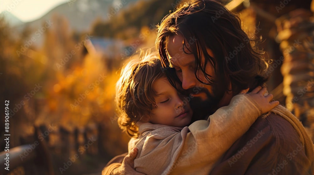 Fototapeta premium Jesus Christ comforting a child in a serene and peaceful setting. The scene is warm and tender, symbolizing love and compassion.