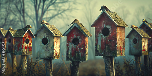 A row of empty birdhouses, their entrances facing away, symbolizing a nation turned inward and disconnected from its ideals.