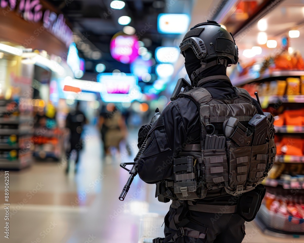 Retail security personnel walking through the store, closeup on the uniform and alert posture Retail security personnel walking through the store, closeup on the uniform and alert posture