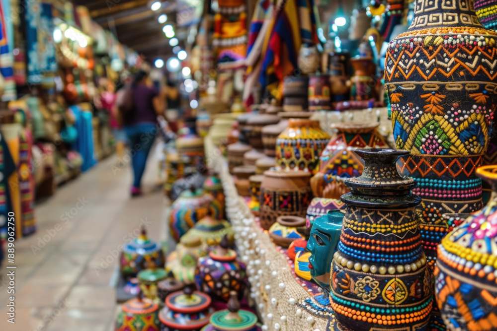 Woman walking through a traditional south american craft market with colorful pottery on display Woman walking through a traditional south american craft market with colorful pottery on display