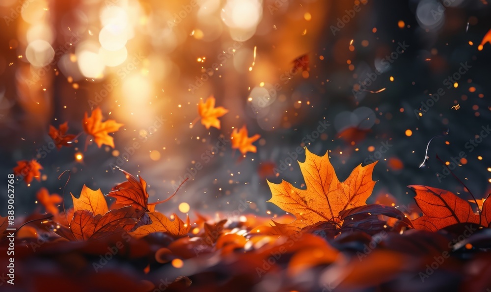 Abstract Autumn Seasonal Change with Orange Maple Leaves on Ground and Bokeh Effect Background. AI-Generated Design for Autumn and Year-End Event Web Banner with Red and Yellow Maple Leaves, Soft Focu Abstract Autumn Seasonal Change with Orange Maple Leaves on Ground and Bokeh Effect Background. AI-Generated Design for Autumn and Year-End Event Web Banner with Red and Yellow Maple Leaves, Soft Focu