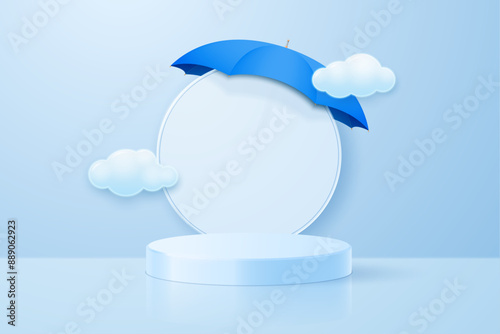 Podium with umbrella and clouds to display your products. Vector illustration.