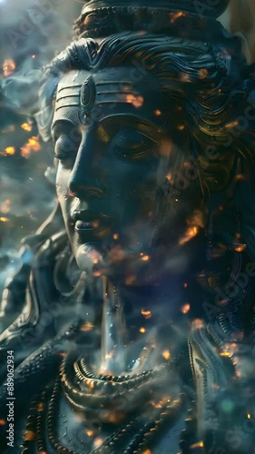 Video vertical recreation of Shiva deity figure meditating with smoke photo