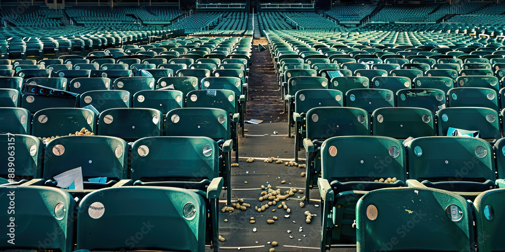 Fototapeta premium The Vacant Seats at the Ballpark: A view of empty rows at a major league baseball stadium, with peanut shells and discarded programs scattered on the seats.