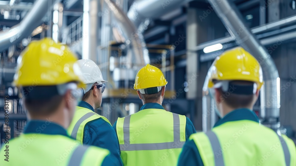 Group of engineers wearing safety uniforms and helmets working in an industrial plant, focused on manufacturing process and machinery. Group of engineers wearing safety uniforms and helmets working in an industrial plant, focused on manufacturing process and machinery.