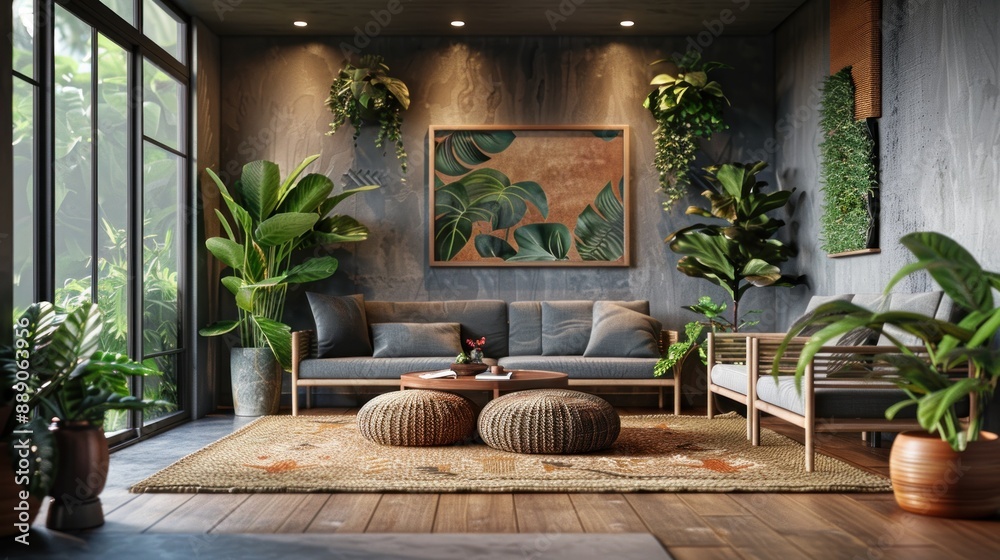 Minimalist living room with a gray accent wall. Minimalist living room with a gray accent wall.