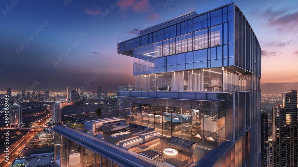 Create an innovative architectural design for a luxury residential tower, highlighting sleek aesthetics, high-end amenities, and panoramic city views. Create an innovative architectural design for a luxury residential tower, highlighting sleek aesthetics, high-end amenities, and panoramic city views.