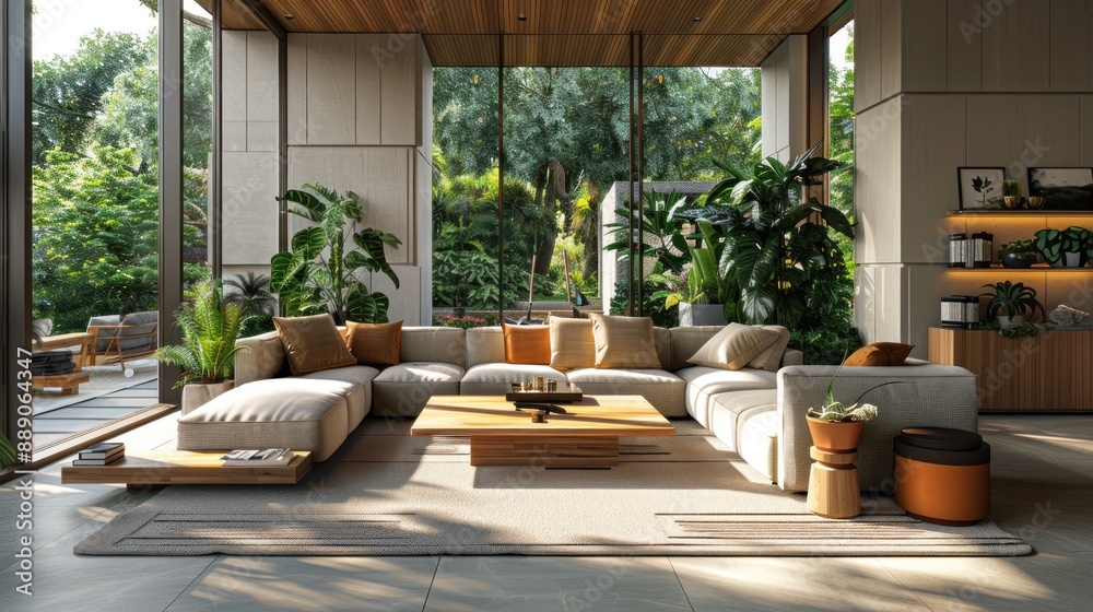Fototapeta premium Modern living room with wooden furniture, a rug, and plants.