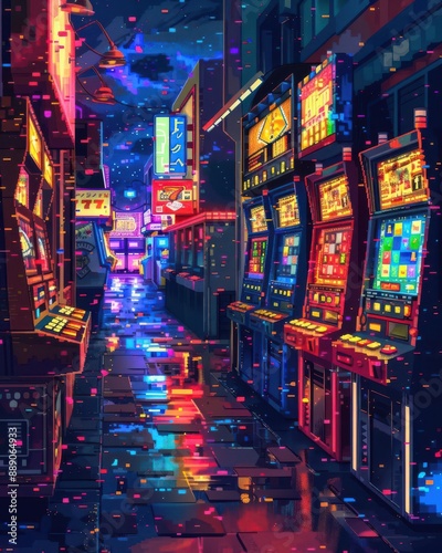 Vibrant neon-lit arcade alley with slot machines and a futuristic backdrop. Colorful lights and reflections create a captivating scene. photo