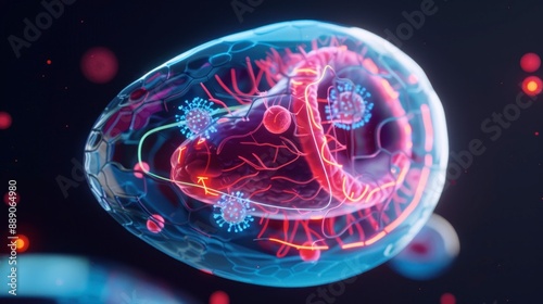 Human cell with virtual enhancements, 3D model, neon colors, detailed organelles, futuristic design
