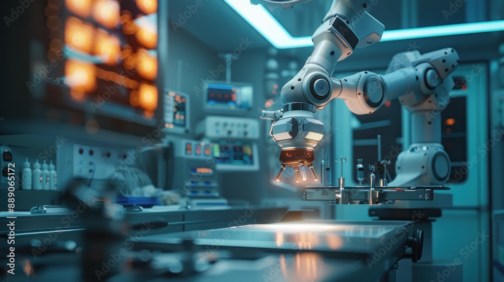 Advanced robotic surgery setup in an operating room. Advanced robotic surgery setup in an operating room.