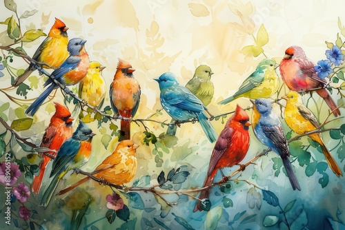 A vibrant collection of colorful birds perched on branches, with a beautiful watercolor background, showcasing nature's diversity and beauty.