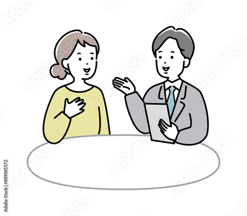 専門家の説明を聞いている女性のイラスト素材