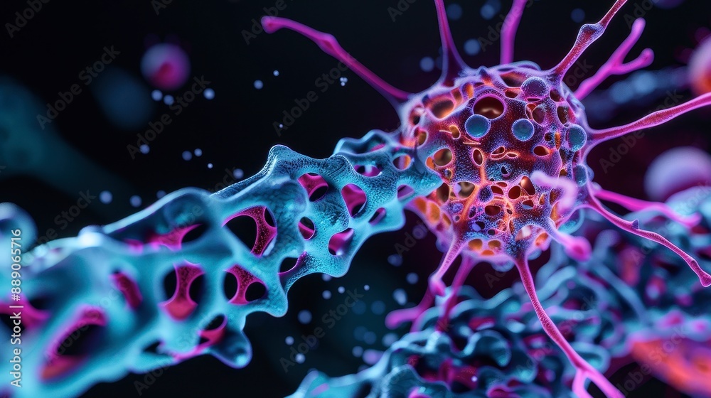 Human cell in a high-tech holographic display, 3D illustration, vibrant colors, detailed structures, advanced technology Human cell in a high-tech holographic display, 3D illustration, vibrant colors, detailed structures, advanced technology