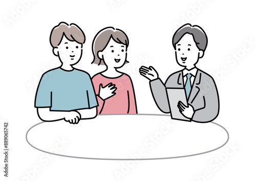専門家の説明を聞いている若い夫婦のイラスト素材　おしゃれ