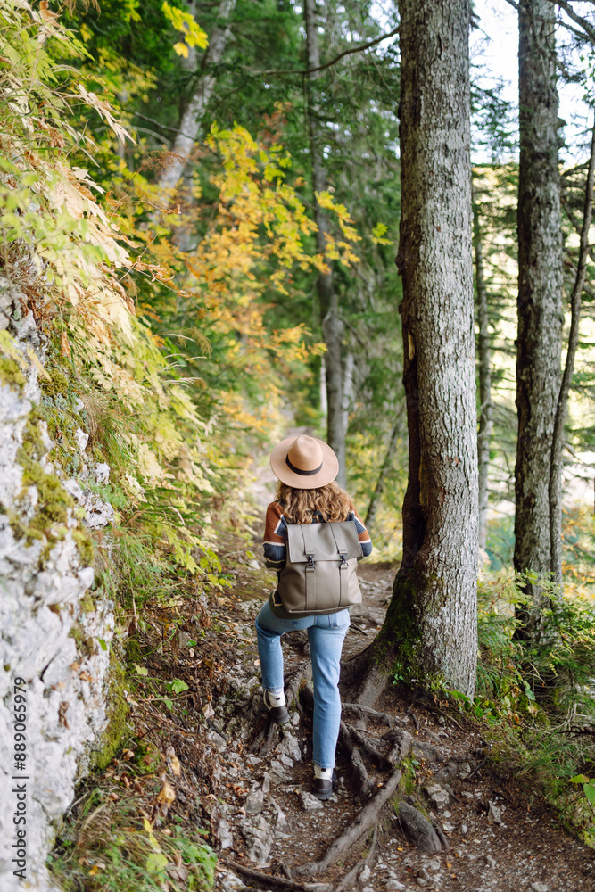 Active woman go hiking and walk along the trail in forest. Female hiker explore woodland. Nature, travel, rest concept.