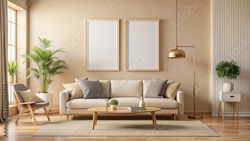 Wallpaper Mural Mockup of a poster frame in a modern beige living room , mockup, poster frame, wall, modern, beige, living room, interior Torontodigital.ca