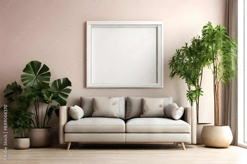 Fototapeta premium Empty frame poster mockup in a minimalist interior living room with armchairs and potted plants