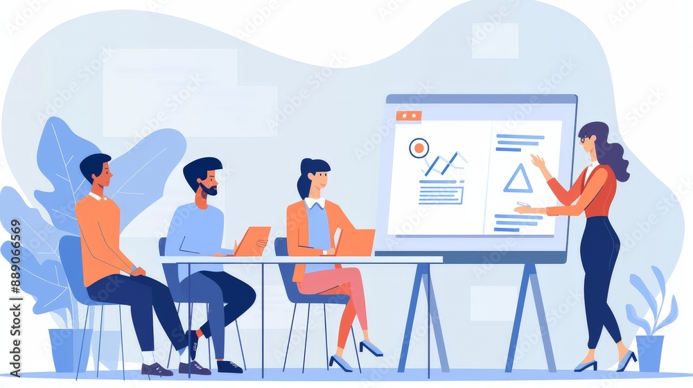 Depict a marketing meeting where team members are conducting a SWOT analysis, identifying strengths, weaknesses, opportunities, and threats.