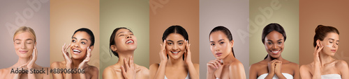 Seven diverse women, each with different skin tones and features, are photographed in a studio setting. The women are all smiling and touching their faces, highlighting their skin photo