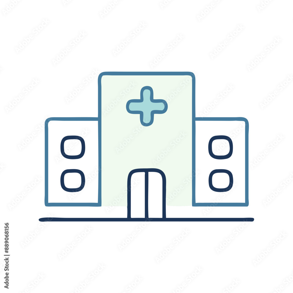 Minimalist Hospital Building Icon, Blue and White, Medical Facility Symbol with Copy Space Minimalist Hospital Building Icon, Blue and White, Medical Facility Symbol with Copy Space