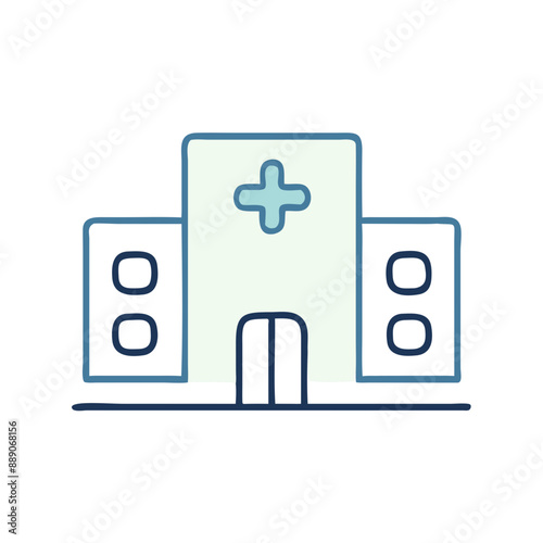 Minimalist Hospital Building Icon, Blue and White, Medical Facility Symbol with Copy Space