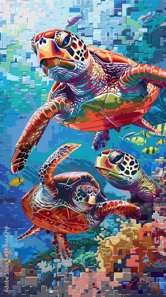 Obraz premium Vibrant mosaic artwork of three sea turtles swimming in a colorful ocean reef, showcasing marine life and underwater beauty.