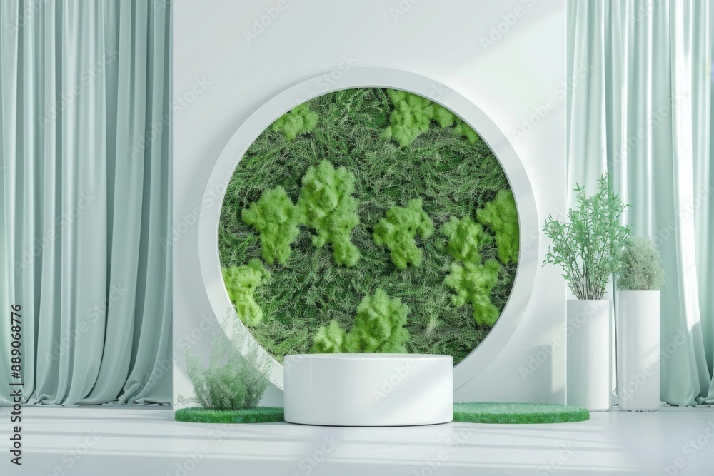 Fototapeta premium 3D render podium with round background on moss and curtains
