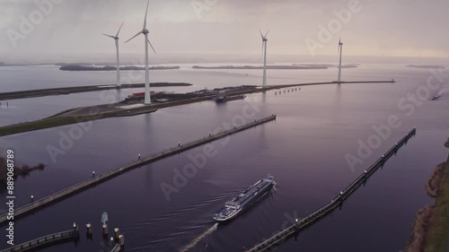 Aerial view of windturbines, vessel, dams, and water at Krammersluizen, Bruinisse, Zeeland, Netherlands. photo