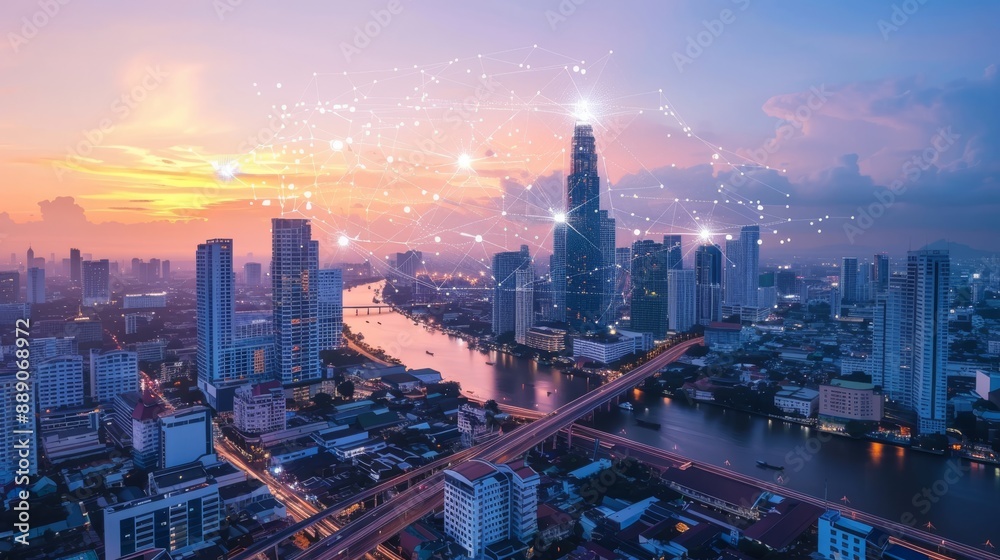 Fototapeta premium High-tech communication and connectivity in Bangkok, Thailand, with stunning sunset city skyline