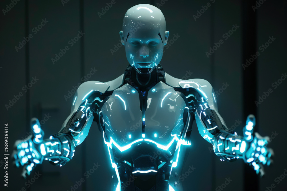 White and blue robot is opening its hands, showing its artificial intelligence White and blue robot is opening its hands, showing its artificial intelligence