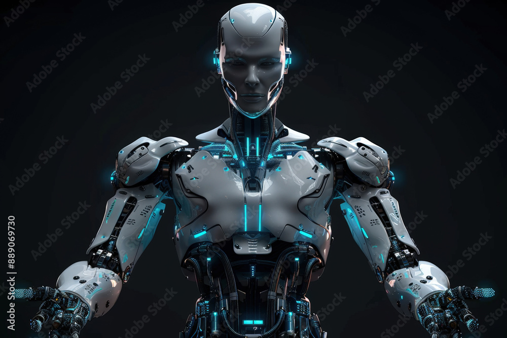Fototapeta premium Futuristic robot stands against a black background, lit by blue lights, showcasing advanced technology and innovation with a cybernetic aesthetic