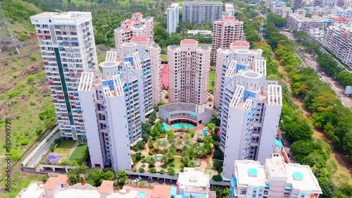 Drone view of skyscraper high rise buildings photo