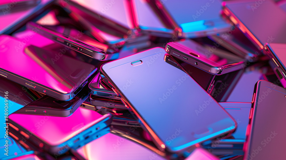 Metallic smartphones pile with reflections in surrealistic close-up