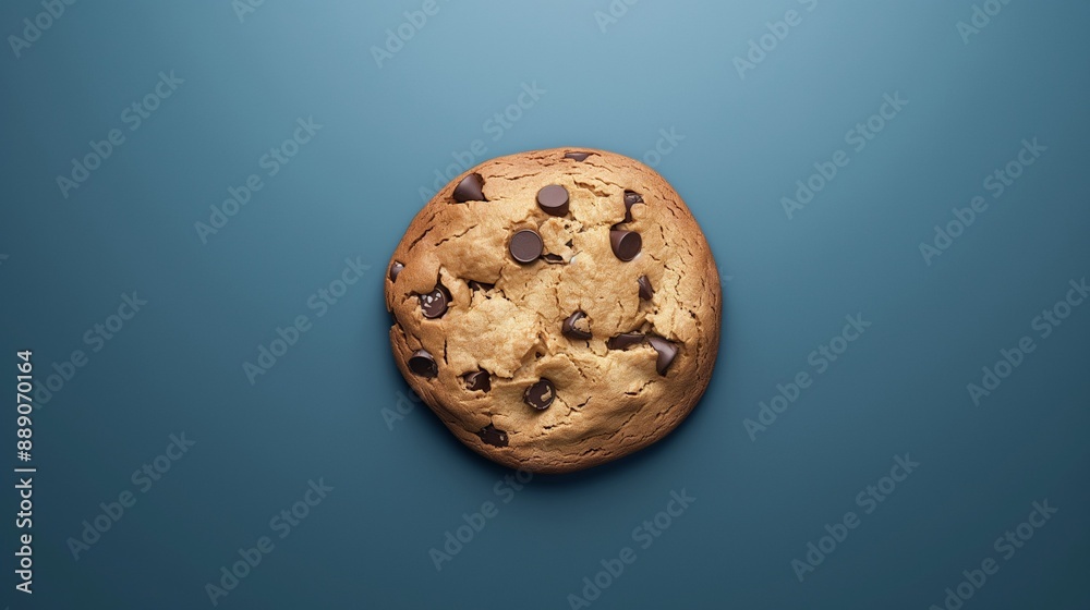 A single chocolate chip cookie on a clean blue background. Perfect for minimalist and food-themed designs. A single chocolate chip cookie on a clean blue background. Perfect for minimalist and food-themed designs.