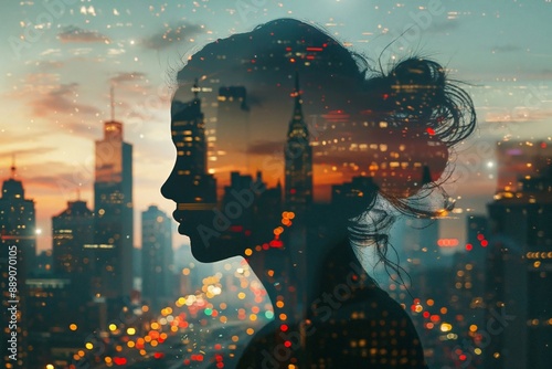 An ethereal double exposure portrait of a woman silhouette combined with city lights, capturing the essence of modern urban life in a surreal and artistic composition.