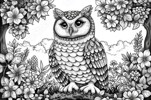 A black and white drawing of an owl sitting in a forest. The owl is looking at the camera and he is curious. The background features a variety of flowers and trees, creating a peaceful