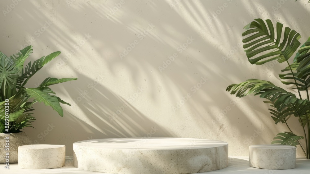 Minimalist interior scene with concrete stools, tropical plants, and sunlit shadows on a beige wall. Modern, natural, and serene design. Minimalist interior scene with concrete stools, tropical plants, and sunlit shadows on a beige wall. Modern, natural, and serene design.