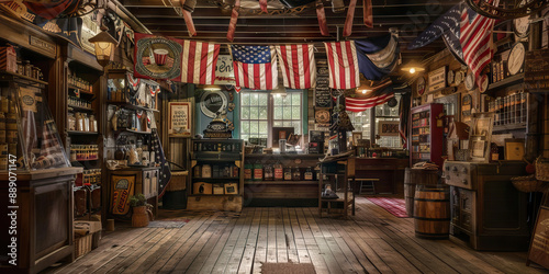 The Spirit of '76: An old-fashioned general store adorned with patriotic bunting and Americana decor.