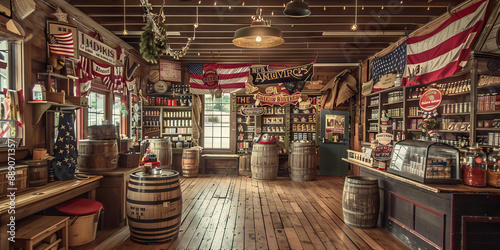 The Spirit of '76: An old-fashioned general store adorned with patriotic bunting and Americana decor.