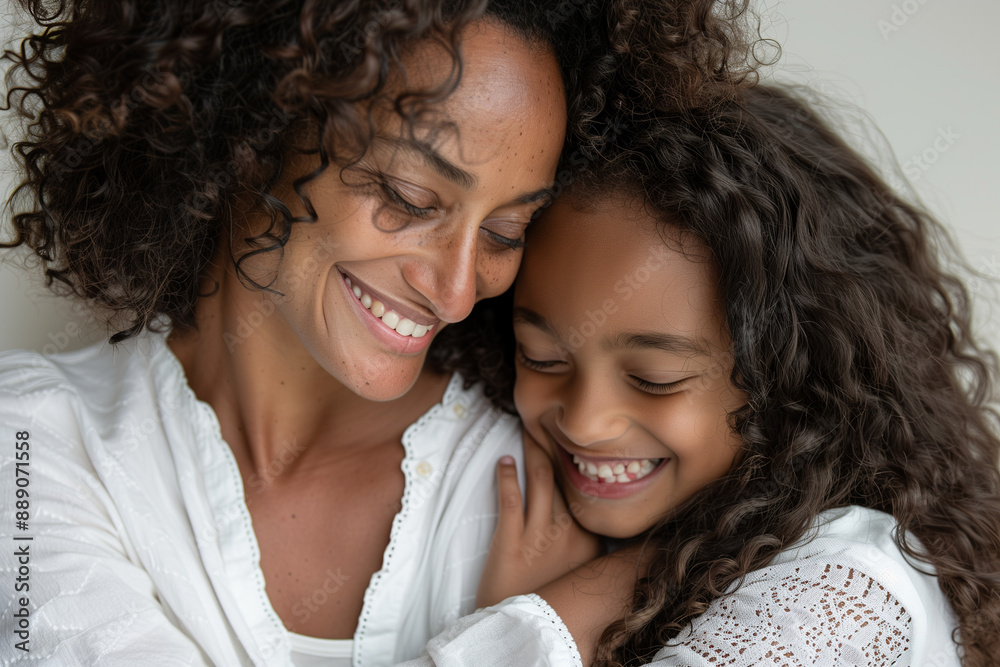 Mother and daughter hugging, both wearing white shirts, smiling with closed eyes against a plain background Mother and daughter hugging, both wearing white shirts, smiling with closed eyes against a plain background