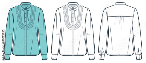 Tie Neck Shirt technical fashion Illustration. Ruffled Blouse fashion flat technical drawing template, cuffed long sleeve, button down, front and back view, white, blue, women CAD mockup set.
