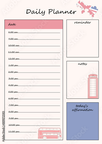Day planner template with a British theme. The template has sections for scheduling, notes, reminders, and daily affirmations. Contains illustrations of the main attributes of England