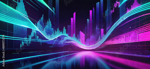 Abstract futuristic vision of financial analysis,
representation of stock market fluctuations with glowing bars in neon blue purple colors against blurred cityscape.Generative AI
